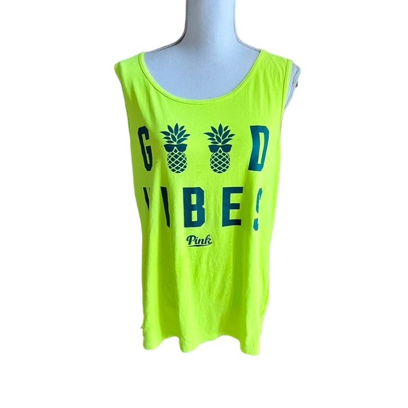 PINK Good Vibes bright green ladies tank top size L - Picture 1 of 5